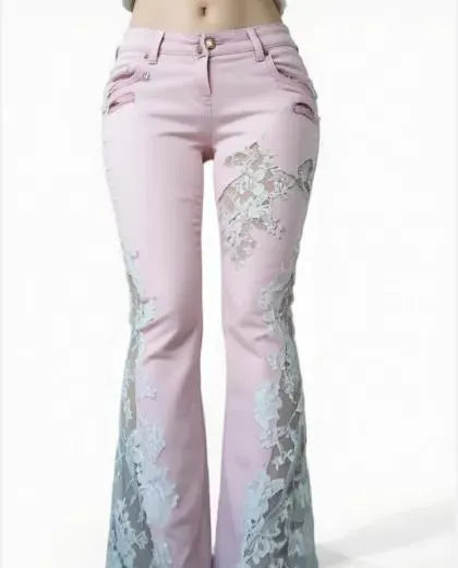 Lace Trim Flare Jeans（Pink）