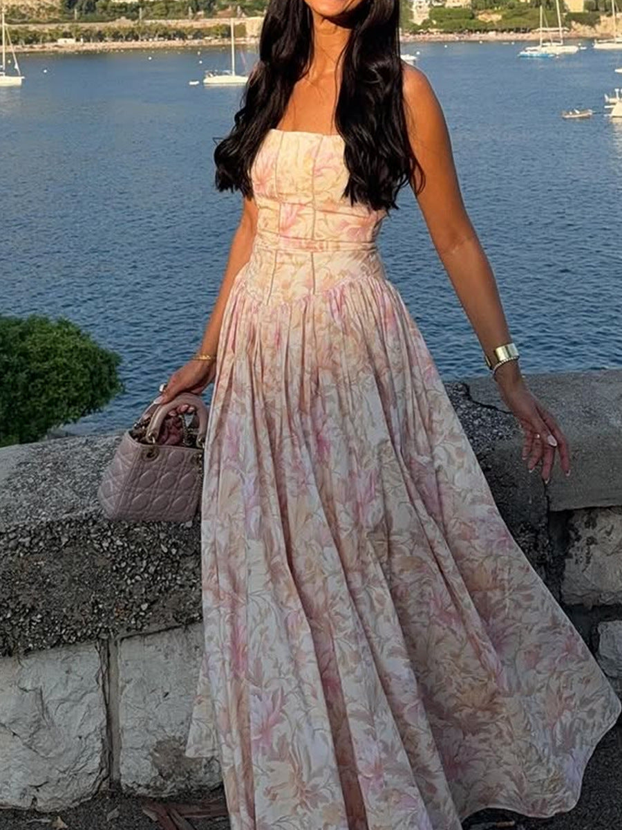 The Breezy Getaway Maxi: Printed Open-Back Silhouette for Seaside Evenings