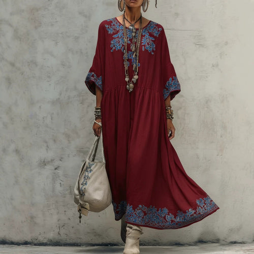Women's Printed Batwing Sleeve Midi Dress – Loose Fit Linen Blend