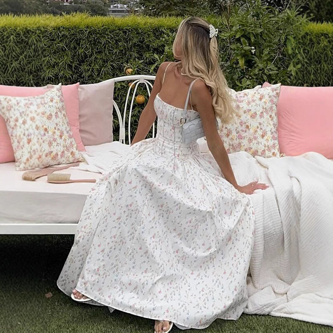 The Breezy Getaway Maxi: Printed Open-Back Silhouette for Seaside Evenings