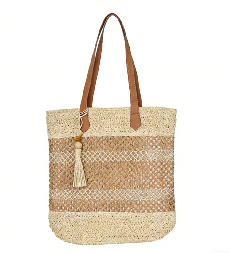 Hollow-Out Color-Block Fringe Woven Bag – Designer Straw Beach Tote, Large Vacation Shoulder Purse