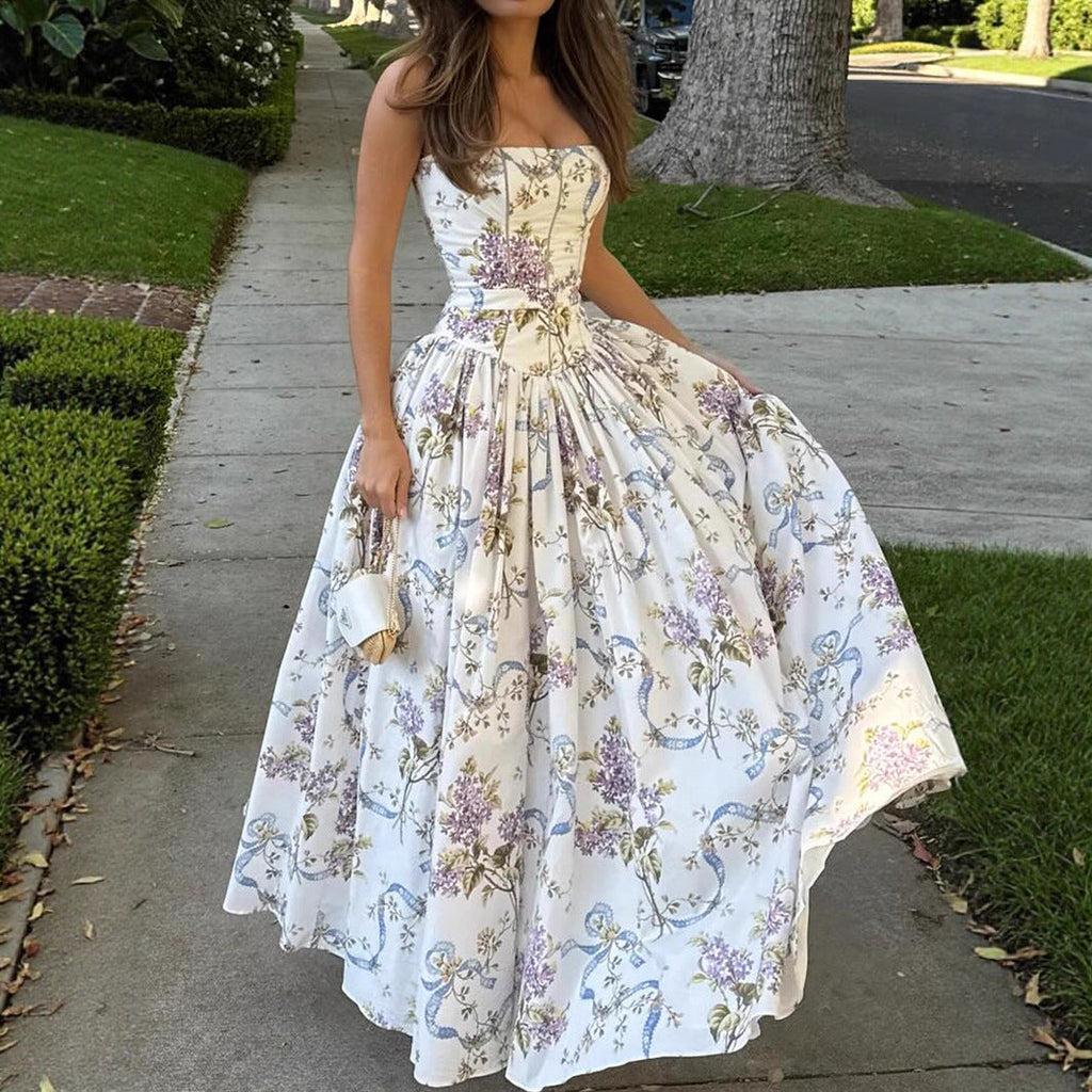 The Breezy Getaway Maxi: Printed Open-Back Silhouette for Seaside Evenings