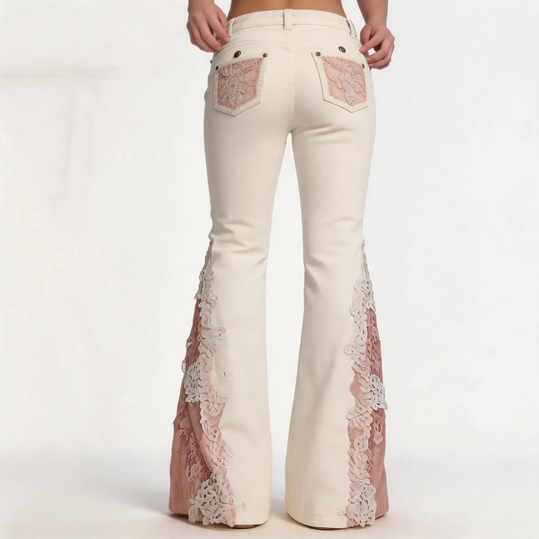 Lace Trim Flare Jeans（White）