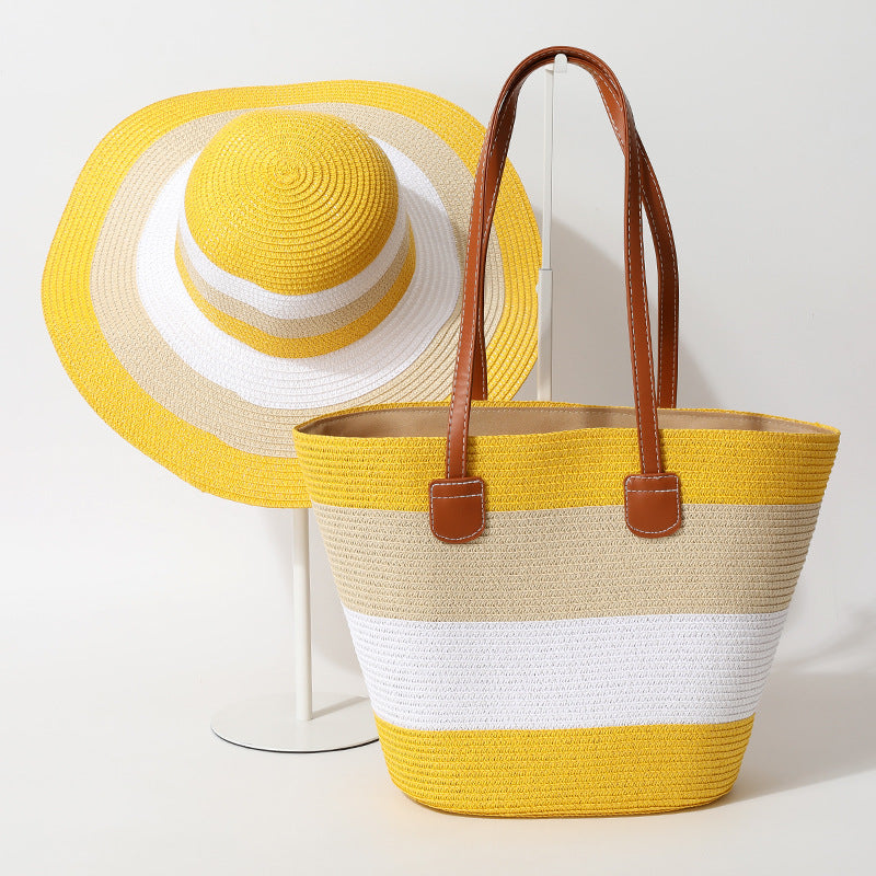 Striped Woven Straw Bag – Summer Large Handheld Tote, Shoulder Commuter Purse