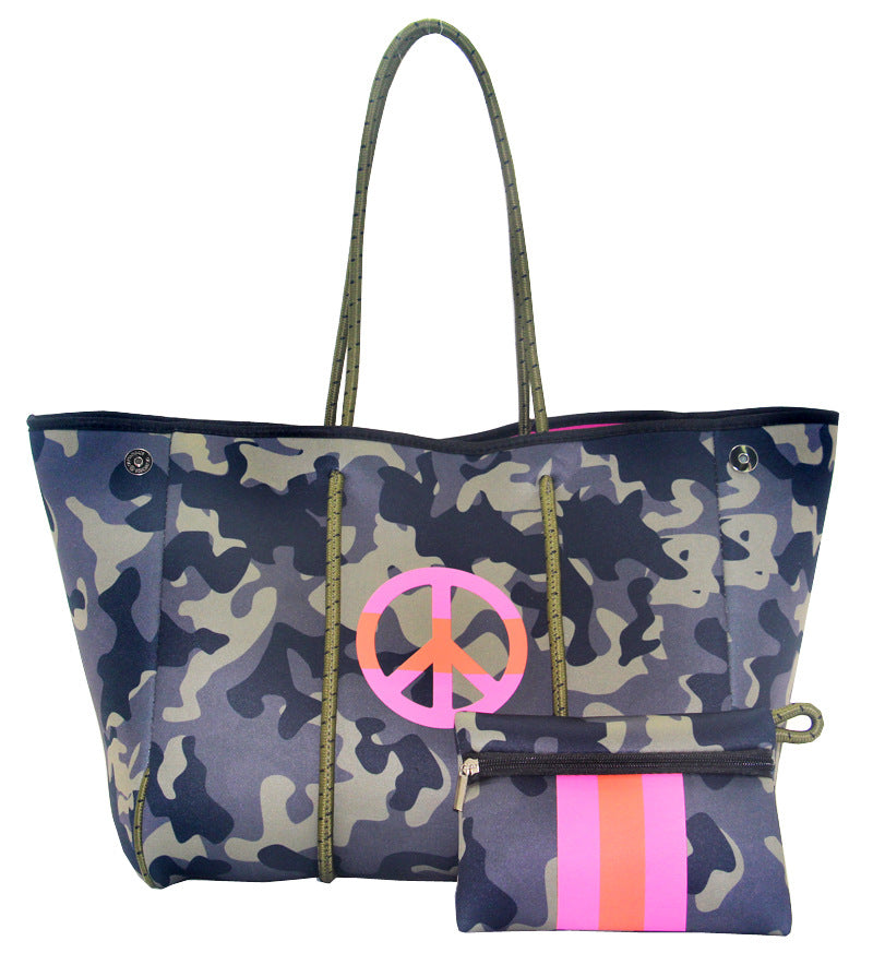 Camo Leopard Black Print Beach Tote – Women’s Neoprene Travel Bag, Diving Fabric Casual Handbag