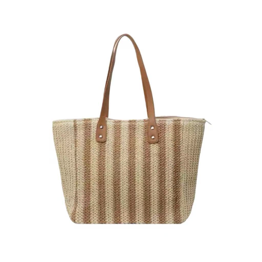 Zip-Top Woven Bag – Fall Beach Large Tote, Versatile Fashion Vacation Handheld Shoulder Straw Purse