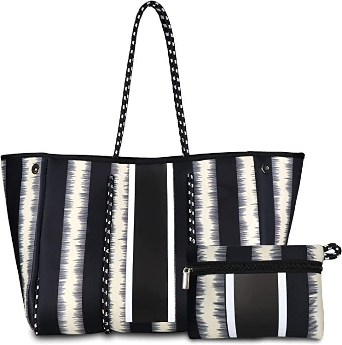 Camo Leopard Black Print Beach Tote – Women’s Neoprene Travel Bag, Diving Fabric Casual Handbag