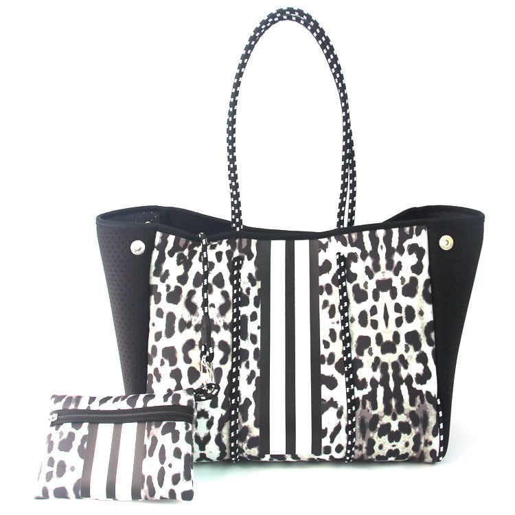 Camo Leopard Black Print Beach Tote – Women’s Neoprene Travel Bag, Diving Fabric Casual Handbag
