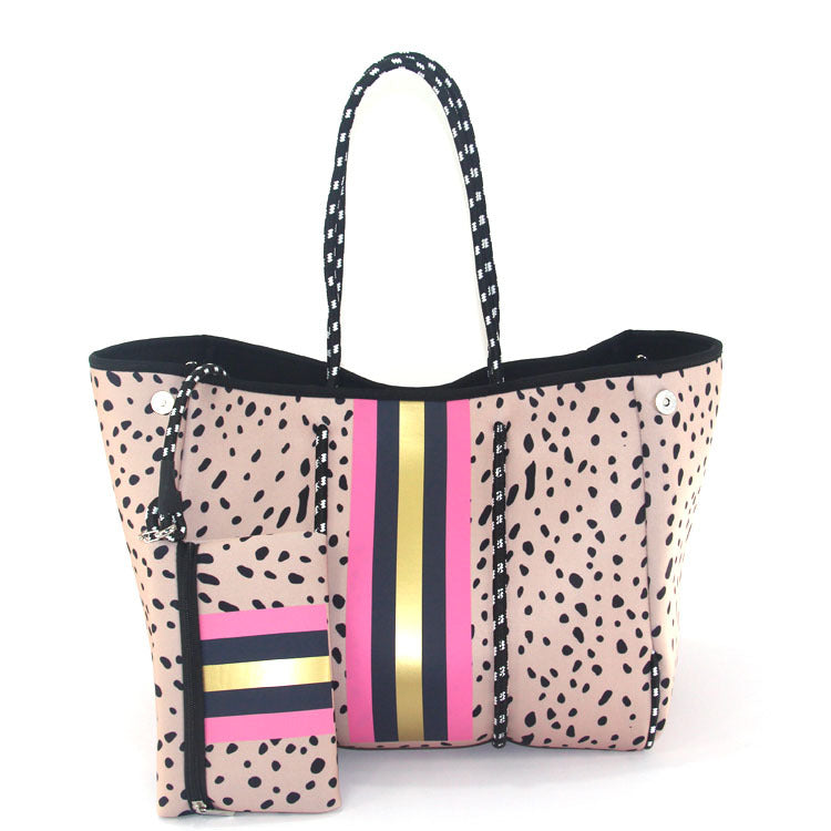 Camo Leopard Black Print Beach Tote – Women’s Neoprene Travel Bag, Diving Fabric Casual Handbag