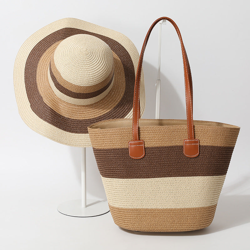 Striped Woven Straw Bag – Summer Large Handheld Tote, Shoulder Commuter Purse