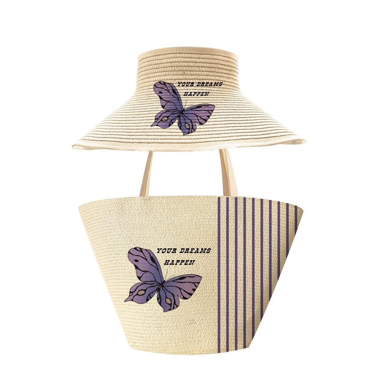 Handwoven Straw Butterfly Print Bag – Unique Shoulder Tote Set, Large Outdoor Travel Fashion Purse