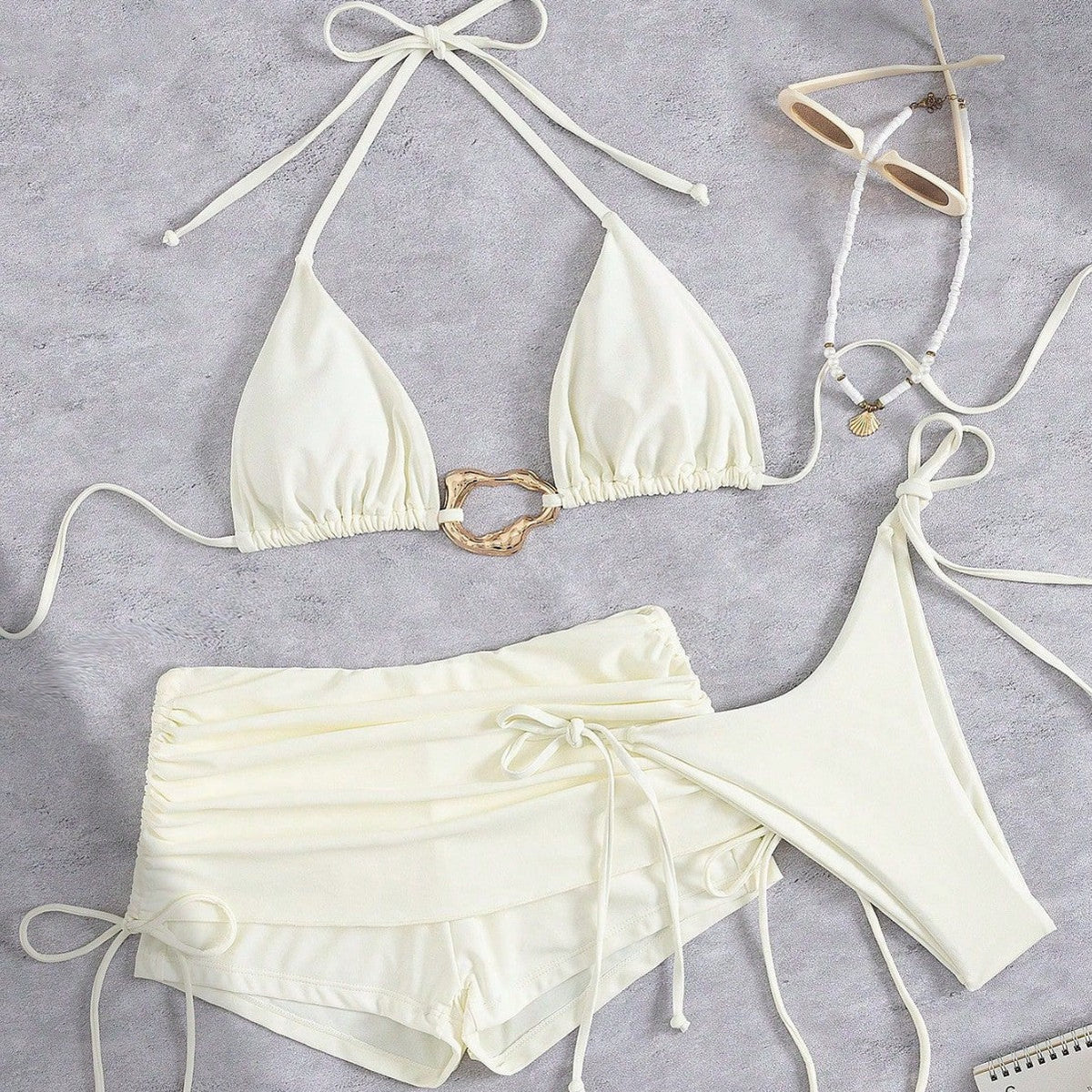 Skirt Three Piece Bikini Vintage Solid Color Strappy Swimsuit Women's Swimwear