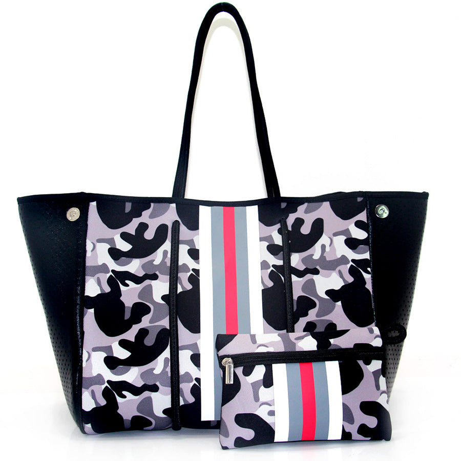 Camo Leopard Black Print Beach Tote – Women’s Neoprene Travel Bag, Diving Fabric Casual Handbag