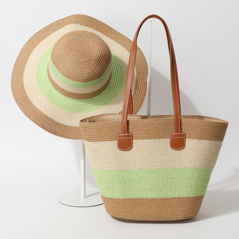 Striped Woven Straw Bag – Summer Large Handheld Tote, Shoulder Commuter Purse