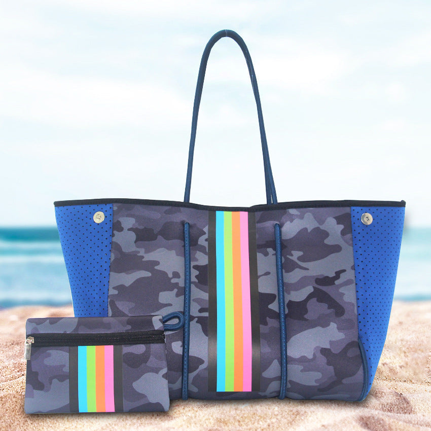 Camo Leopard Black Print Beach Tote – Women’s Neoprene Travel Bag, Diving Fabric Casual Handbag