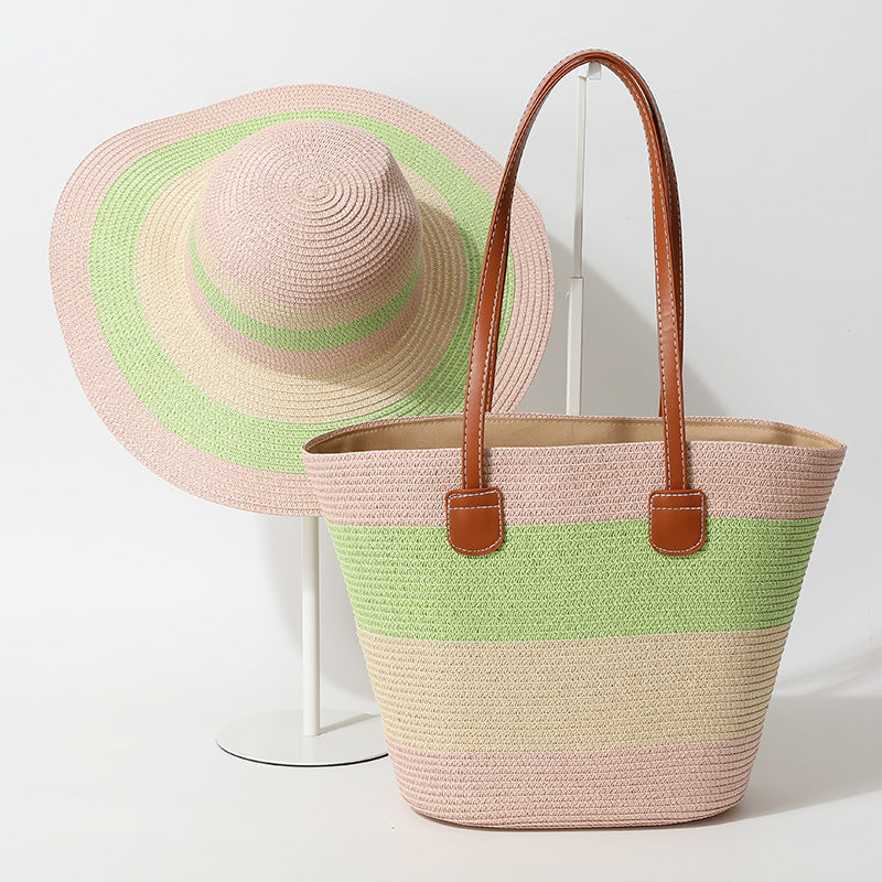 Striped Woven Straw Bag – Summer Large Handheld Tote, Shoulder Commuter Purse