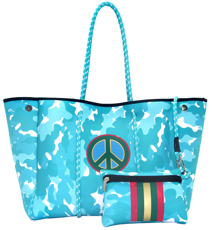 Camo Leopard Black Print Beach Tote – Women’s Neoprene Travel Bag, Diving Fabric Casual Handbag