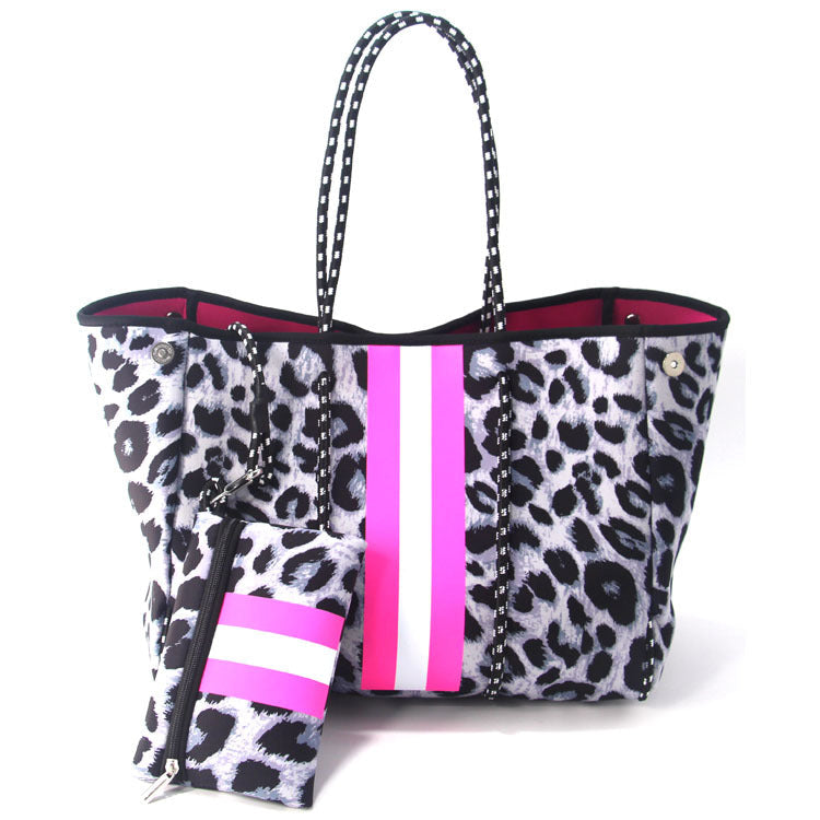 Camo Leopard Black Print Beach Tote – Women’s Neoprene Travel Bag, Diving Fabric Casual Handbag