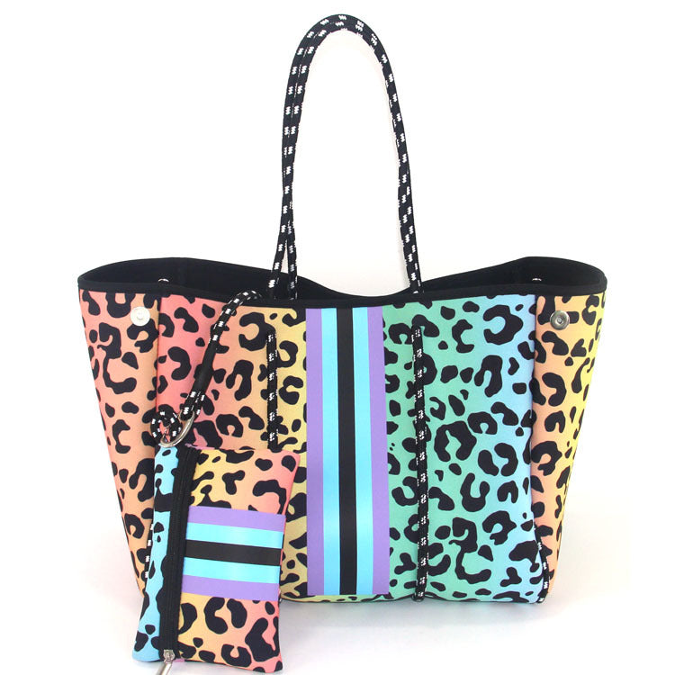 Camo Leopard Black Print Beach Tote – Women’s Neoprene Travel Bag, Diving Fabric Casual Handbag