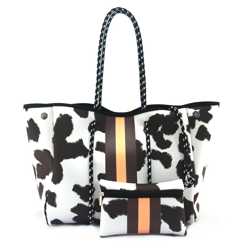Camo Leopard Black Print Beach Tote – Women’s Neoprene Travel Bag, Diving Fabric Casual Handbag