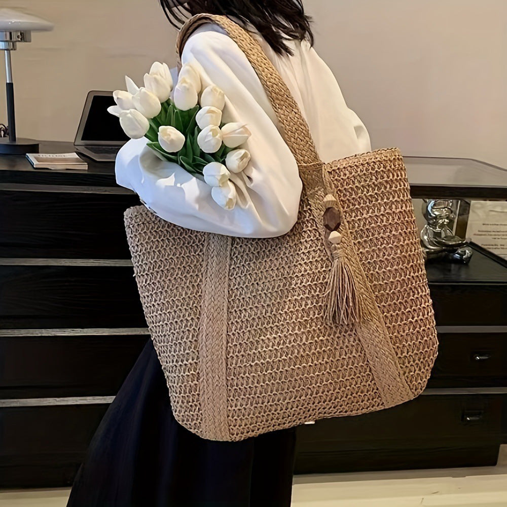 Elegant Straw Shoulder Bag – Women’s Premium Large Beach Tote, Commuter Woven Purse