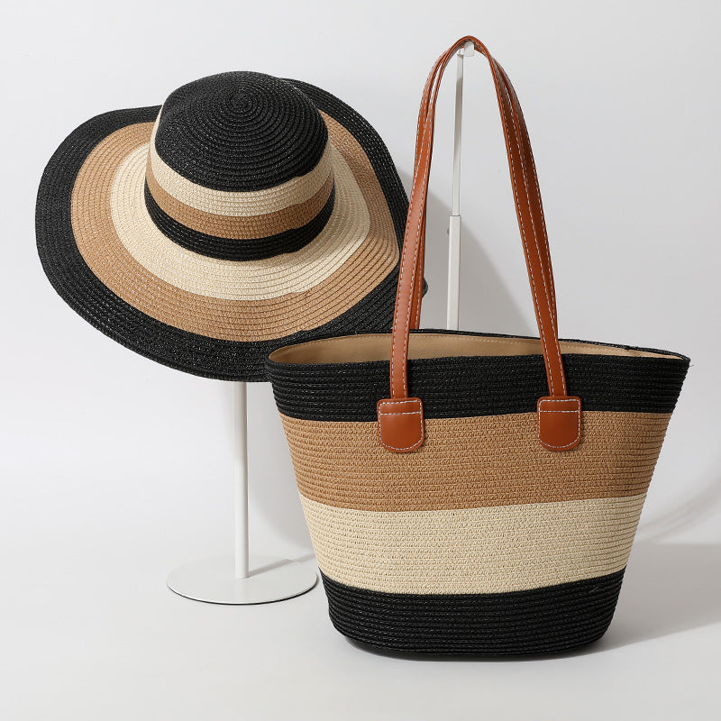 Striped Woven Straw Bag – Summer Large Handheld Tote, Shoulder Commuter Purse