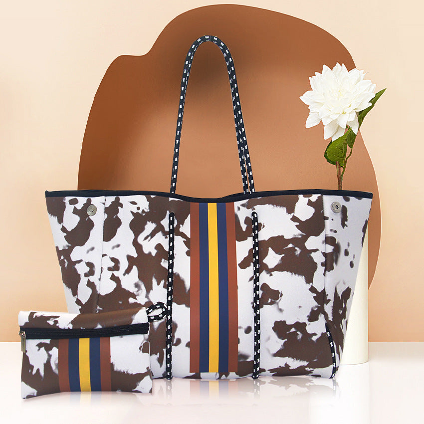 Camo Leopard Black Print Beach Tote – Women’s Neoprene Travel Bag, Diving Fabric Casual Handbag