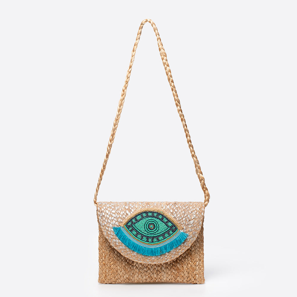 Beaded Patch Jute Bag – Bohemian Handwoven Clutch, Vacation Woven Shoulder Purse