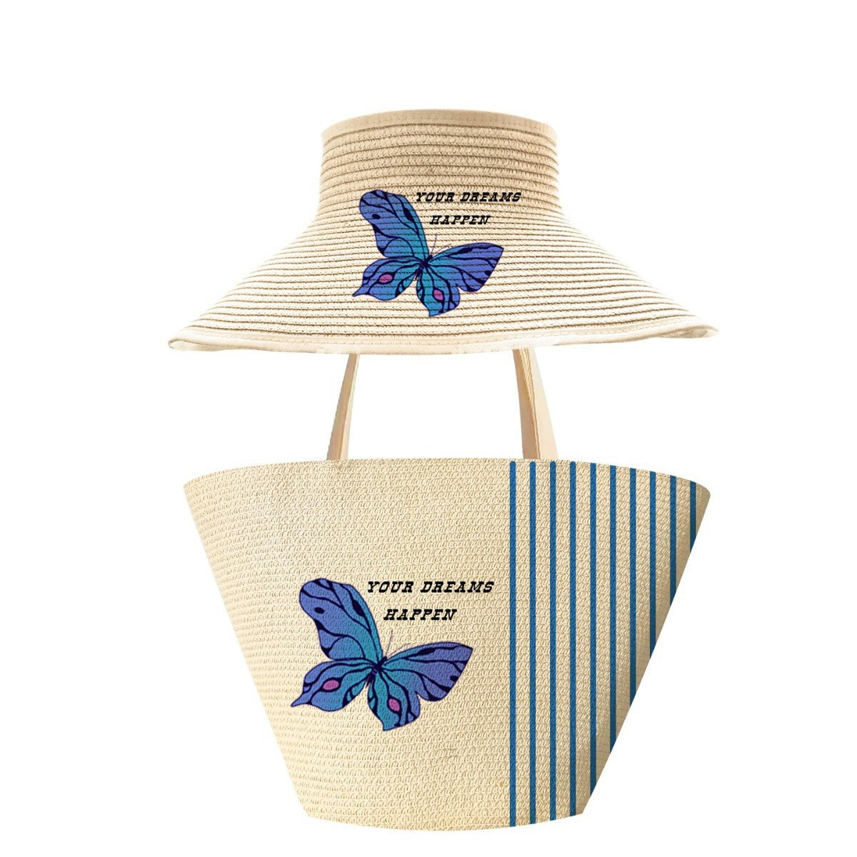 Handwoven Straw Butterfly Print Bag – Unique Shoulder Tote Set, Large Outdoor Travel Fashion Purse