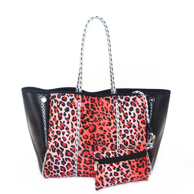 Camo Leopard Black Print Beach Tote – Women’s Neoprene Travel Bag, Diving Fabric Casual Handbag