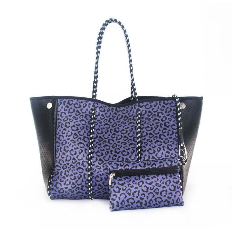 Camo Leopard Black Print Beach Tote – Women’s Neoprene Travel Bag, Diving Fabric Casual Handbag