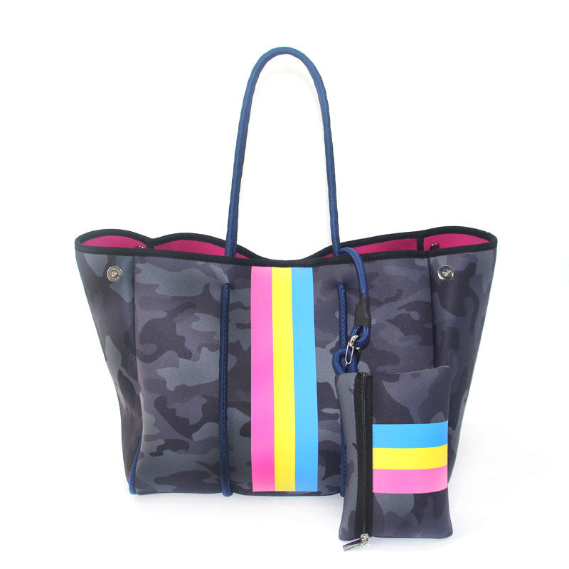 Camo Leopard Black Print Beach Tote – Women’s Neoprene Travel Bag, Diving Fabric Casual Handbag