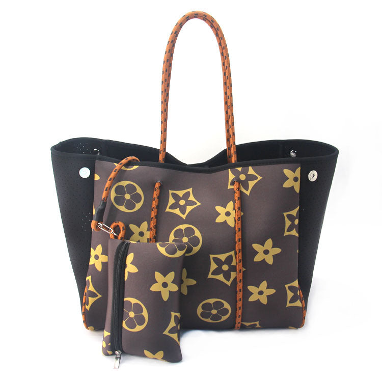 Camo Leopard Black Print Beach Tote – Women’s Neoprene Travel Bag, Diving Fabric Casual Handbag