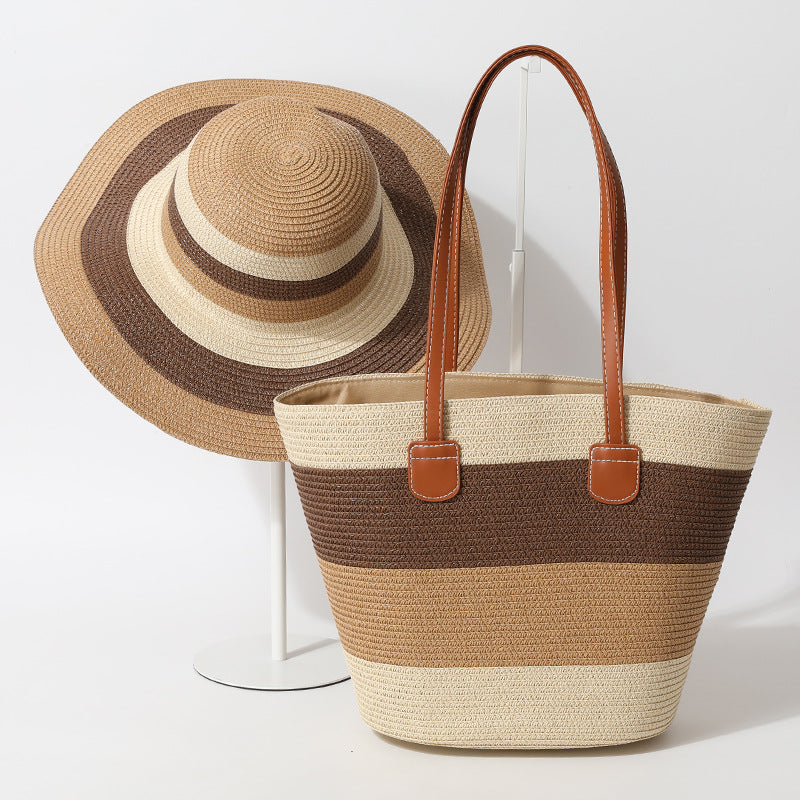 Striped Woven Straw Bag – Summer Large Handheld Tote, Shoulder Commuter Purse