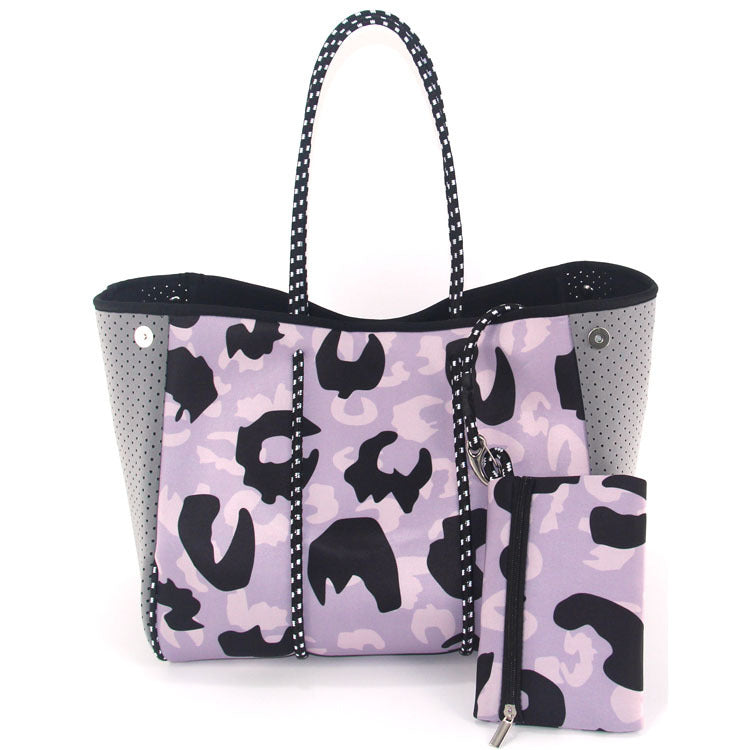 Camo Leopard Black Print Beach Tote – Women’s Neoprene Travel Bag, Diving Fabric Casual Handbag