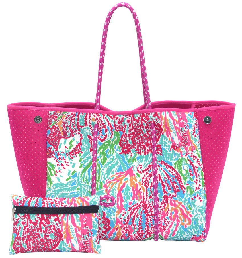 Camo Leopard Black Print Beach Tote – Women’s Neoprene Travel Bag, Diving Fabric Casual Handbag