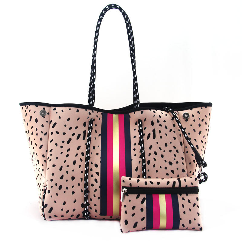 Camo Leopard Black Print Beach Tote – Women’s Neoprene Travel Bag, Diving Fabric Casual Handbag