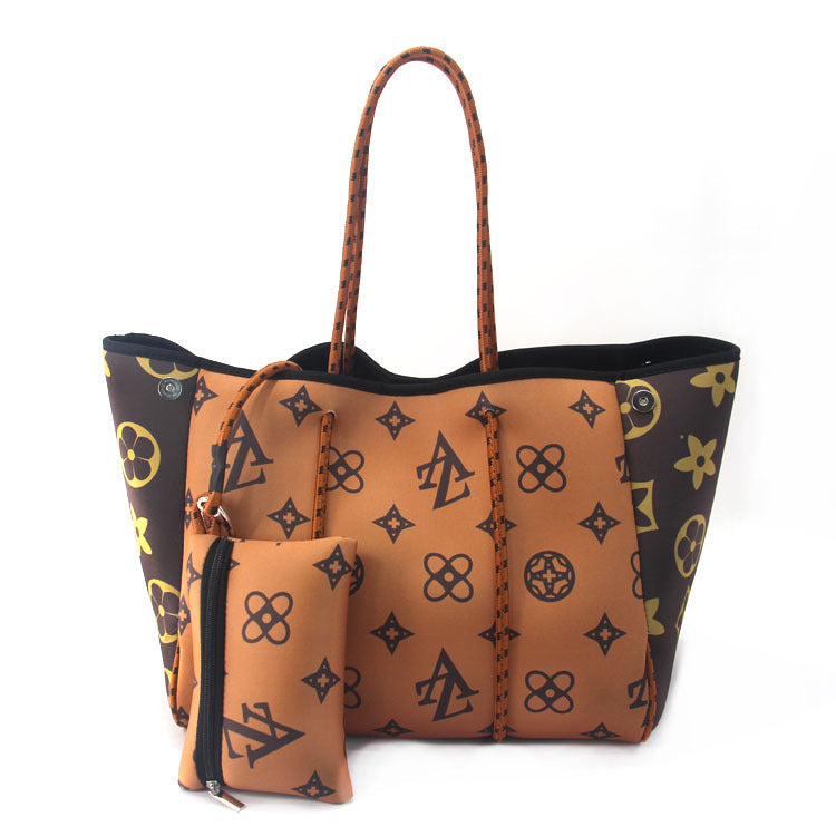 Camo Leopard Black Print Beach Tote – Women’s Neoprene Travel Bag, Diving Fabric Casual Handbag