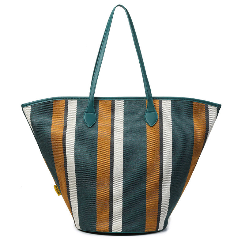 Trendy Canvas Shoulder Tote – Fashion Stripe Large Handbag, Casual Weekender Shopper
