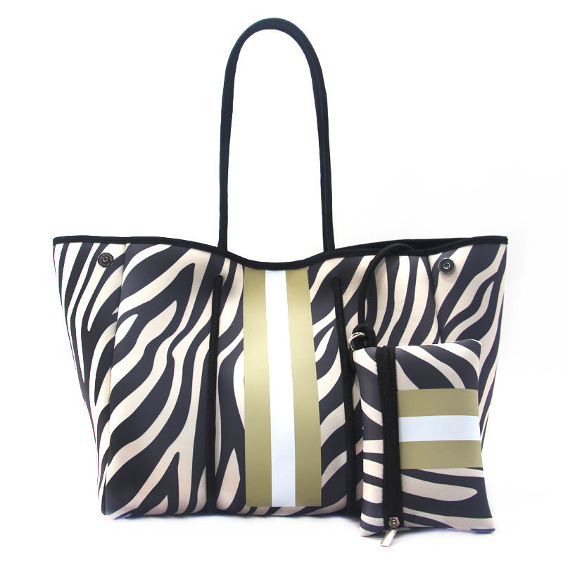 Camo Leopard Black Print Beach Tote – Women’s Neoprene Travel Bag, Diving Fabric Casual Handbag