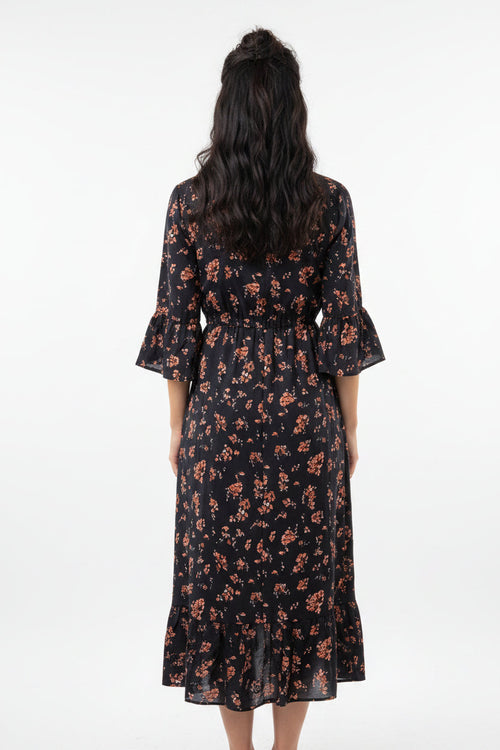 Women's Floral Printed Denim Patchwork Midi Dress — A-Line Half Sleeve