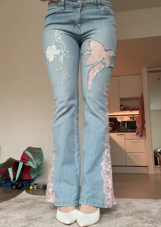 Lace Trim Flare Jeans（Blue）