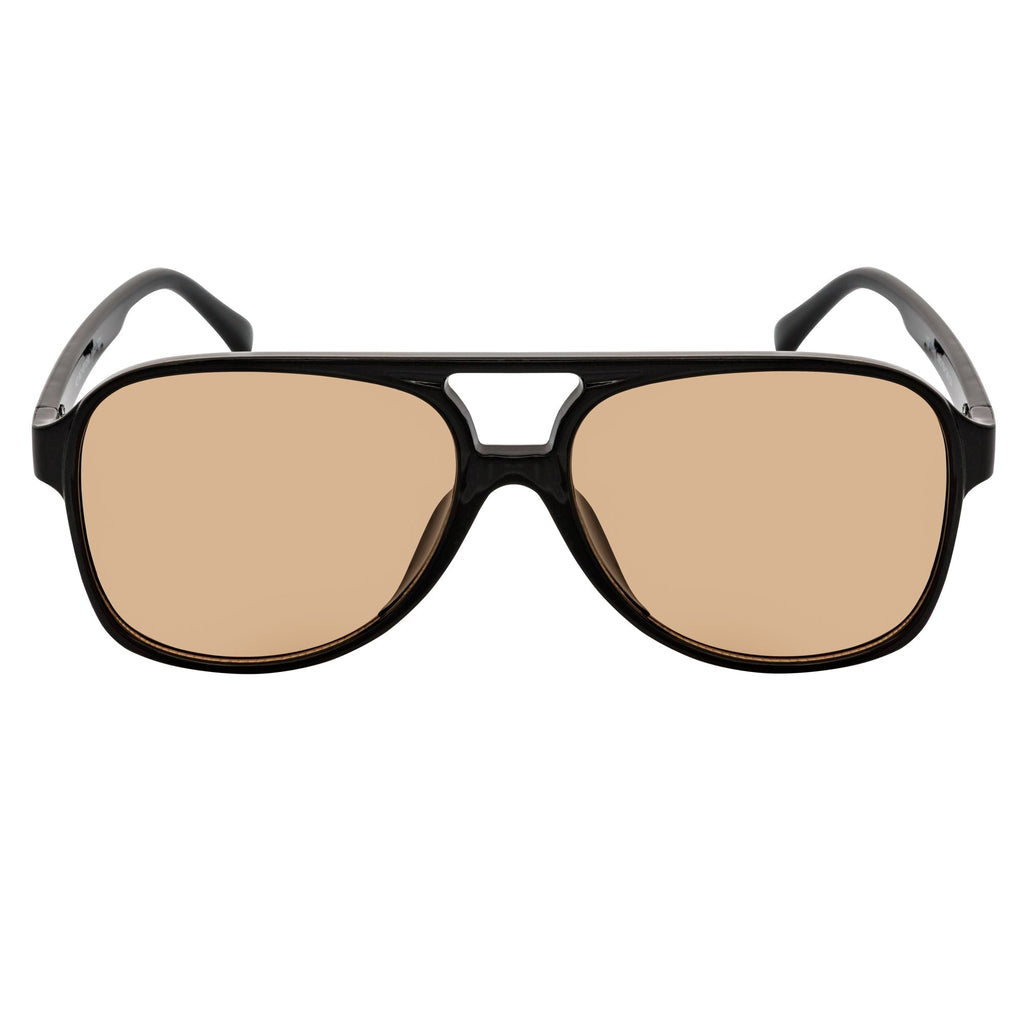 BRASCO - Classic Plastic Teardrop Aviator Black Sunglasses Brown Tint Lens