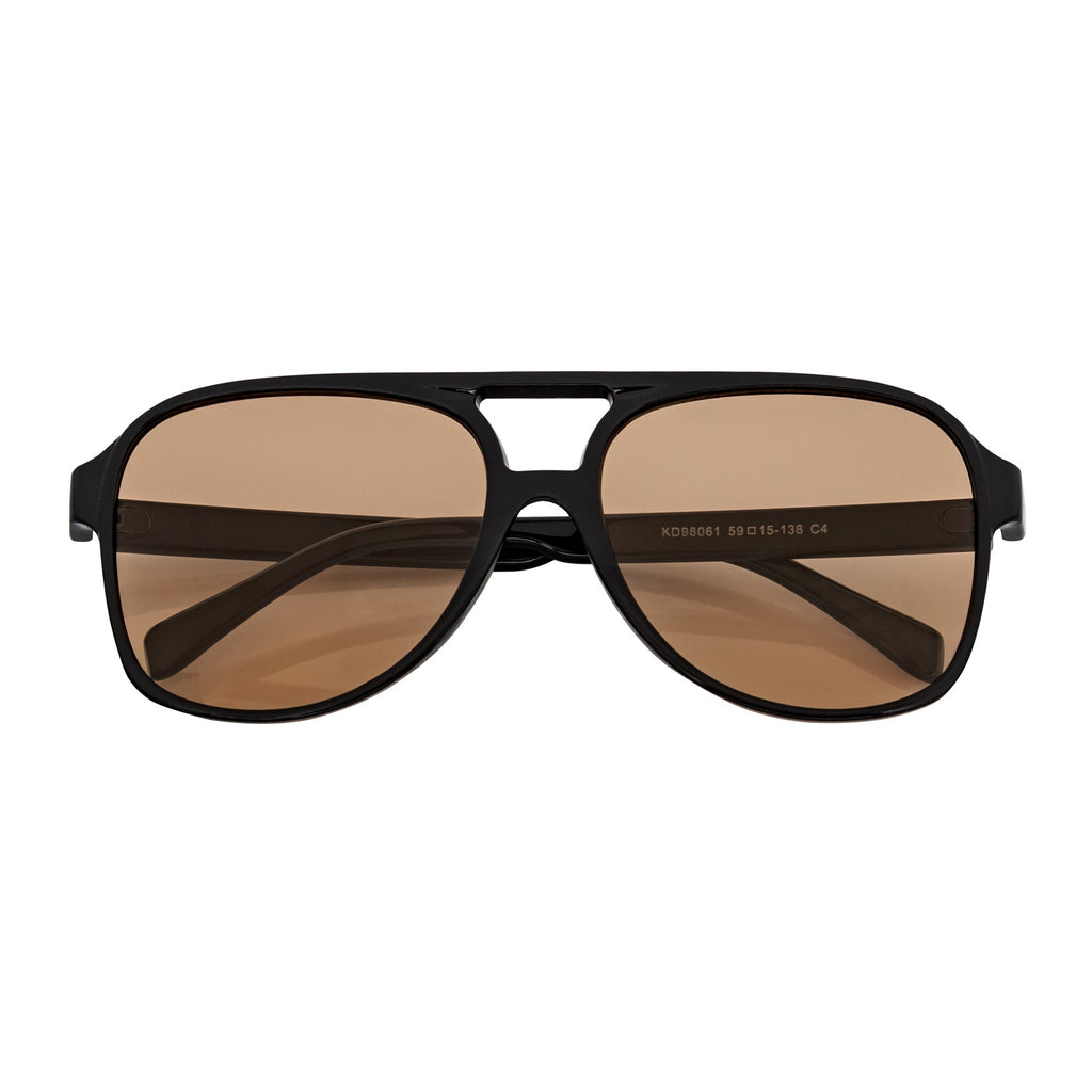 BRASCO - Classic Plastic Teardrop Aviator Black Sunglasses Brown Tint Lens