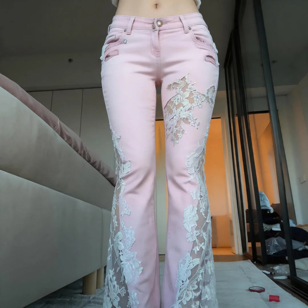 Lace Trim Flare Jeans（Pink）