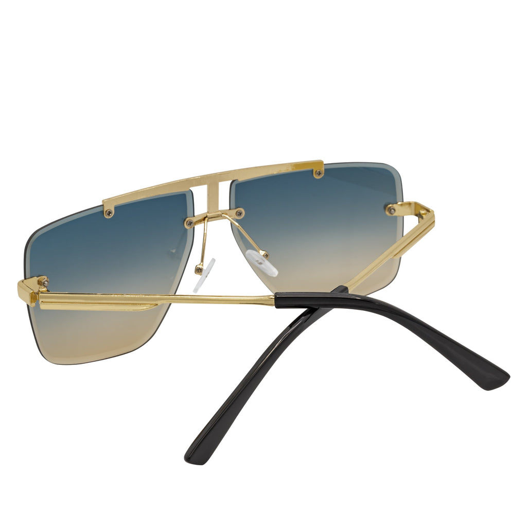 DIRECTOR - Rimless Metal Flat Top Aviator Gold Sunglasses Blue-Tan Lens