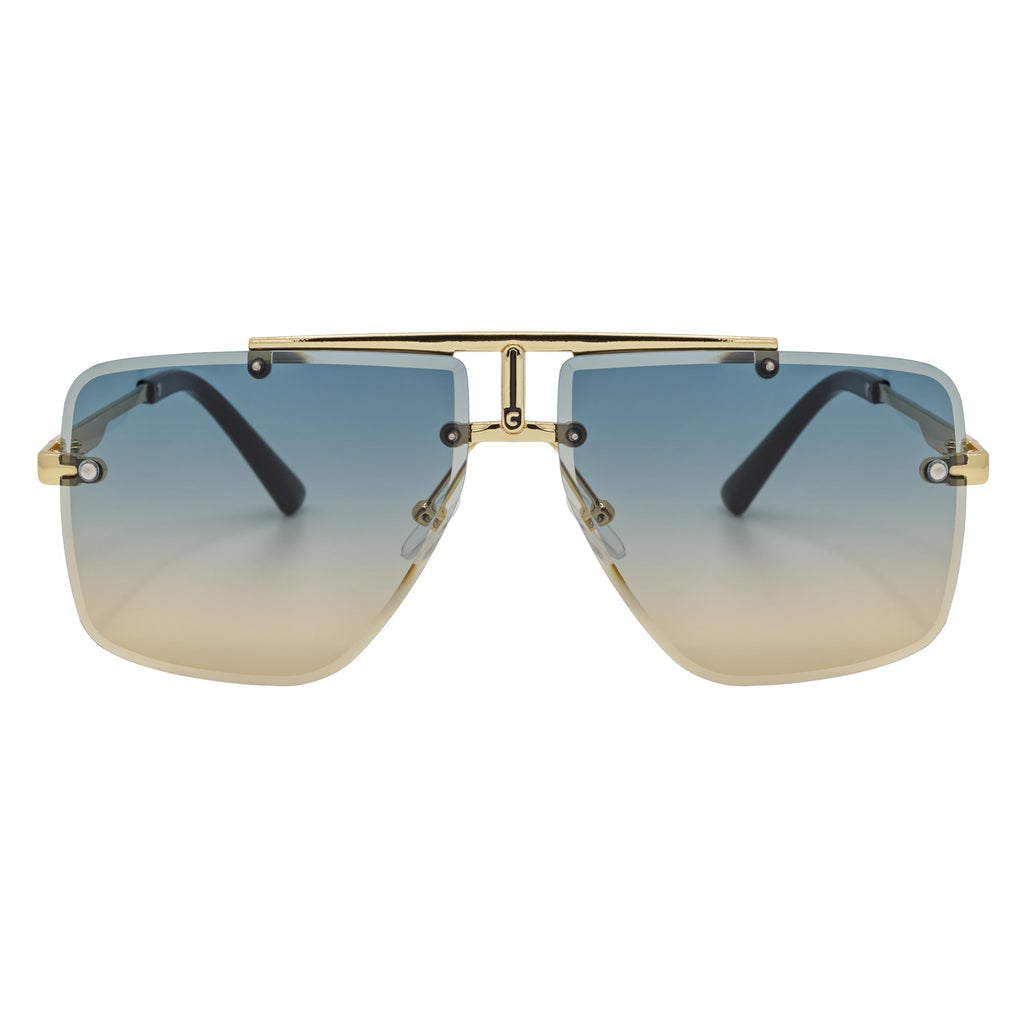 DIRECTOR - Rimless Metal Flat Top Aviator Gold Sunglasses Blue-Tan Lens
