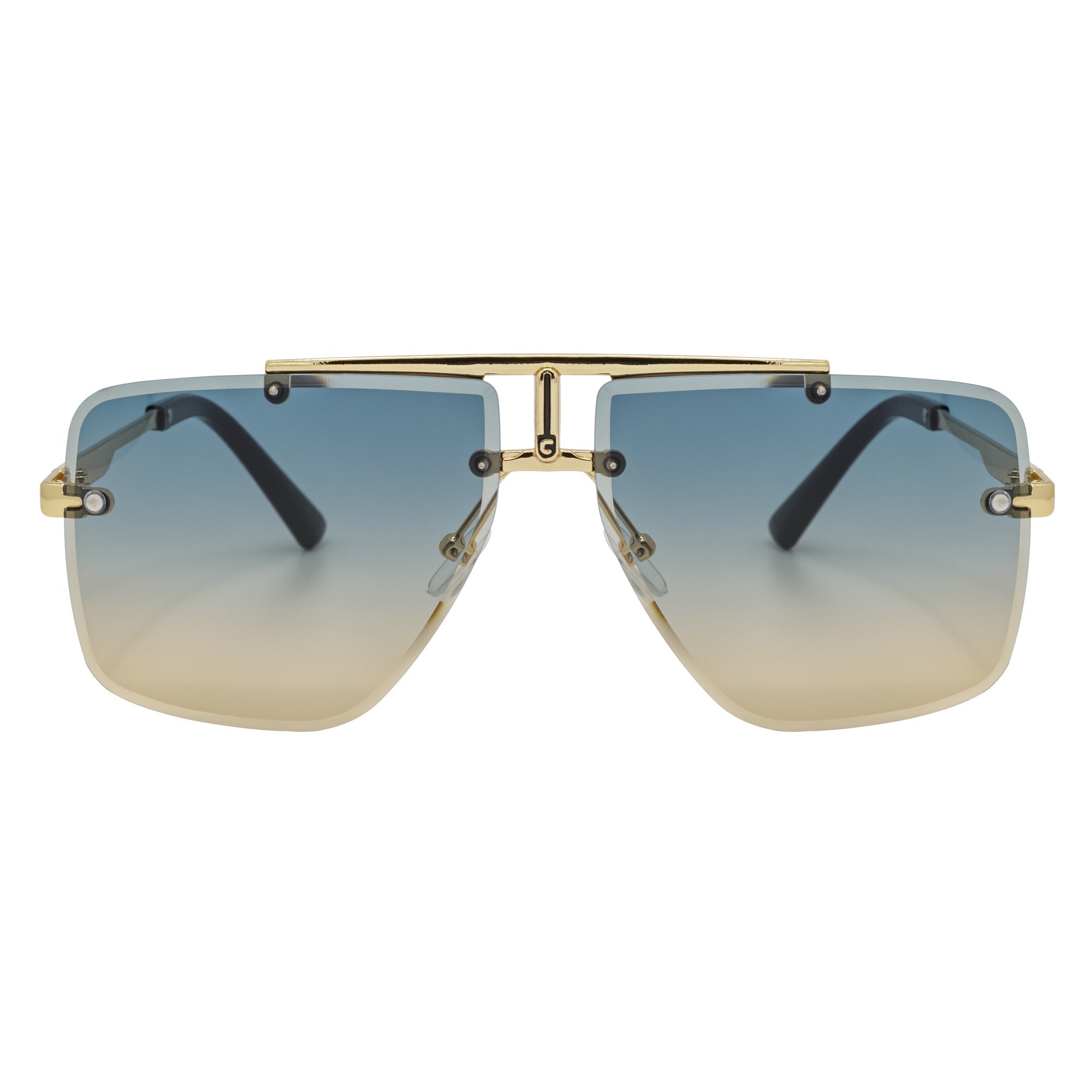 DIRECTOR - Rimless Metal Flat Top Aviator Gold Sunglasses Blue-Tan Lens
