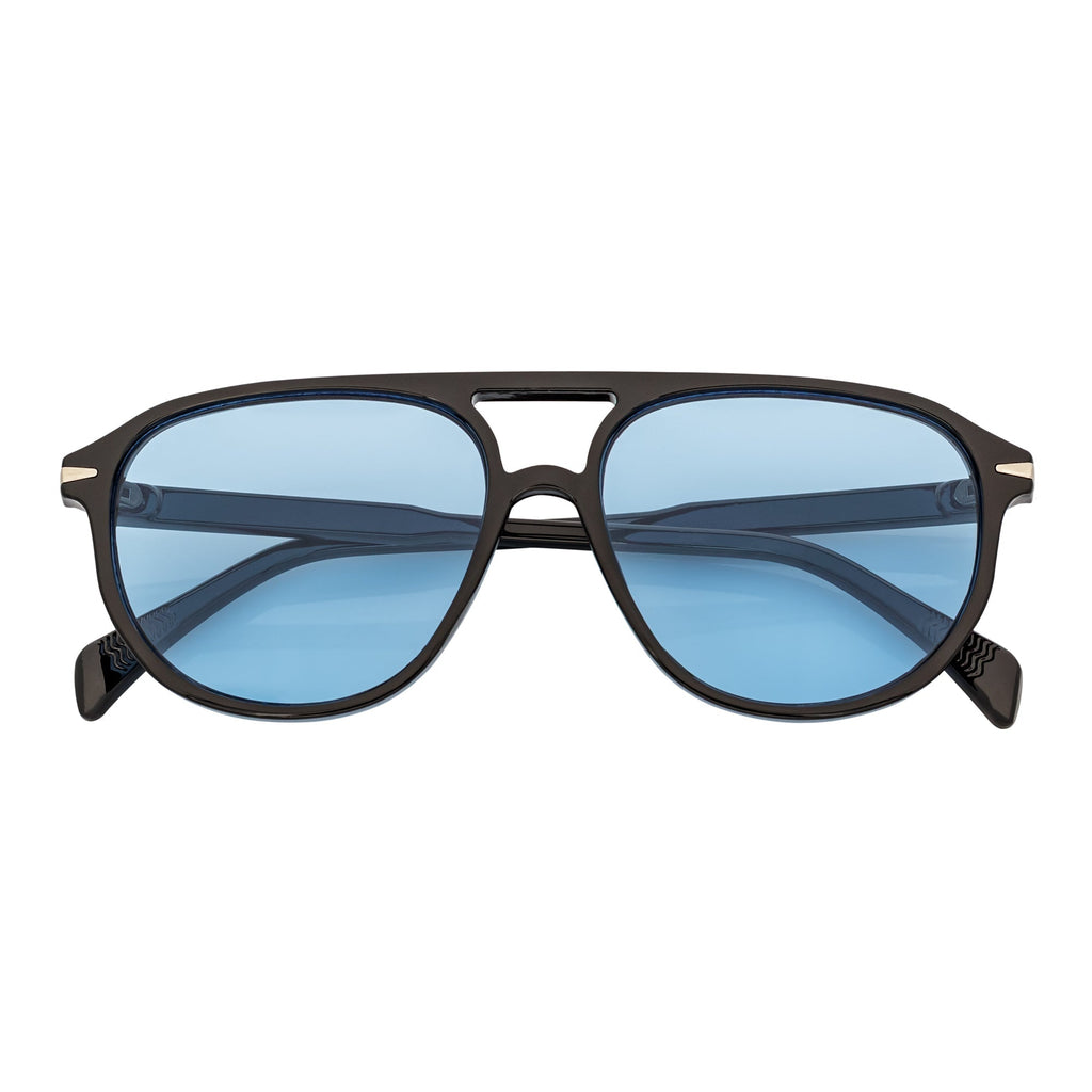 EPOCH - Classic Flat Top Plastic Aviator Black Sunglasses Blue Tint Lens