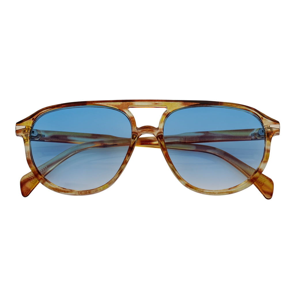 EPOCH - Classic Flat Top Plastic Aviator Havana Sunglasses Blue Tint Lens